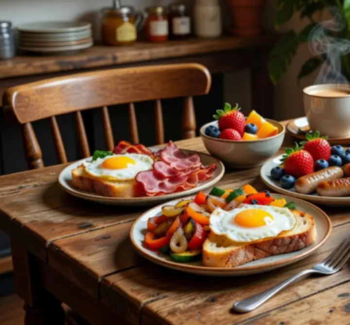 Breakfast spread with eggs, toast, pastries, and coffee on a cozy table setting.