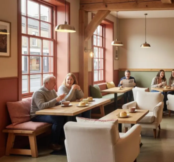 Cozy interior of RURAL COFFEE HUT LTD with warm lighting and comfortable seating.