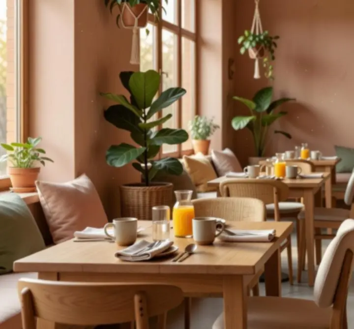 Cozy café interior in the morning with sunlight over inviting tables.