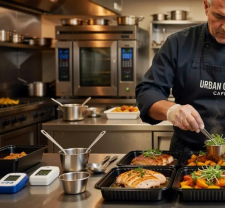 Chef carefully preparing catering dishes in the kitchen
