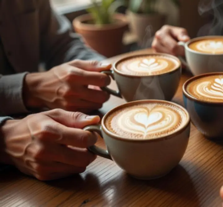 Artfully prepared coffee cups with latte art on a café table