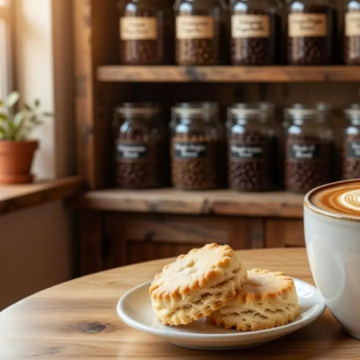Close-up of a specialty coffee drink with latte art in a cozy caf&eacute; setting.