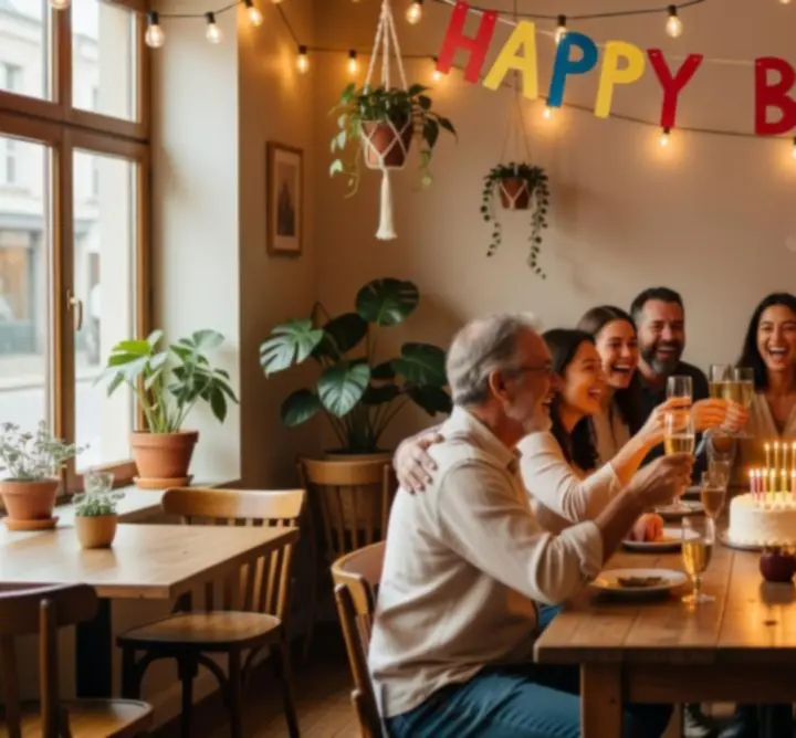 Guests gathered around a café table celebrating with food and drinks