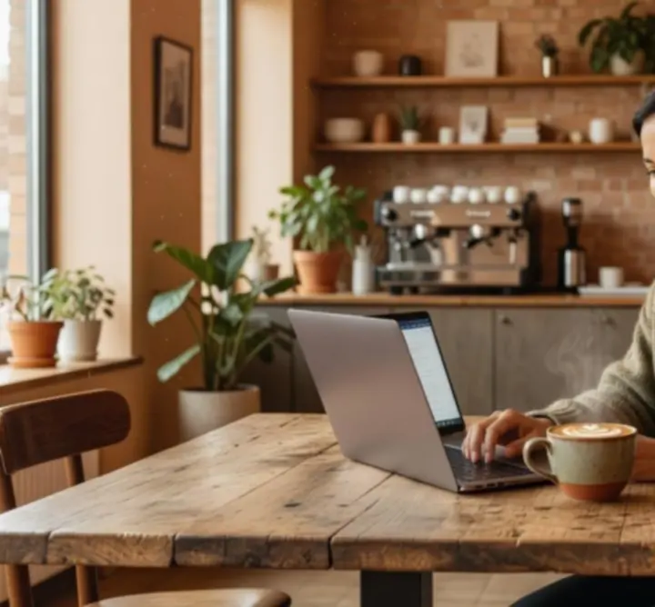 Guest enjoying coffee while working on a laptop inside the café