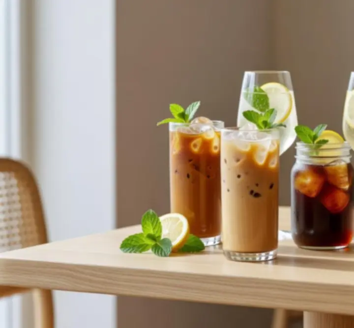 Assorted iced drinks and refreshments on a tabletop in the café